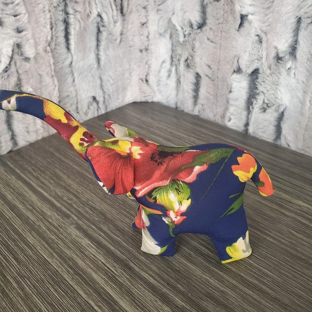 Navy Blue Floral Sand Stuffed Lucky Elephant - Trunk Up 6